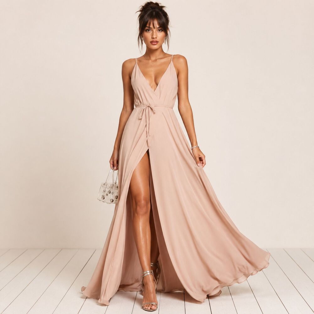 Reformation Nude Beige Wrap Maxi Dress Size 6 Deep V Neck Viscose
